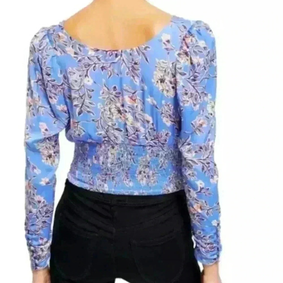Free People Santiago Blouse SMALL Blue Floral Puff‎ Sleeve Ruched Smocked Boho - Picture 3 of 9